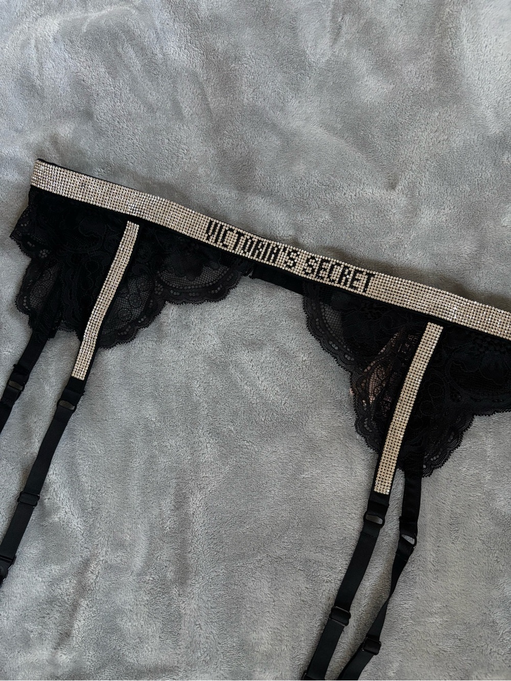 Victoria's Secret Black Lace Garter Belt with Rhinestone Logo Trim